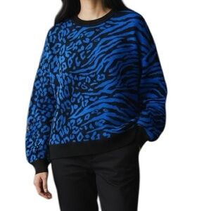 Bar III Blue and Black Animal Print Crew Neck Sweater